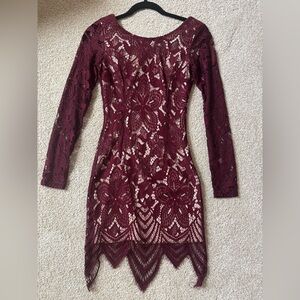Maroon Lace Long Sleeve Dress
